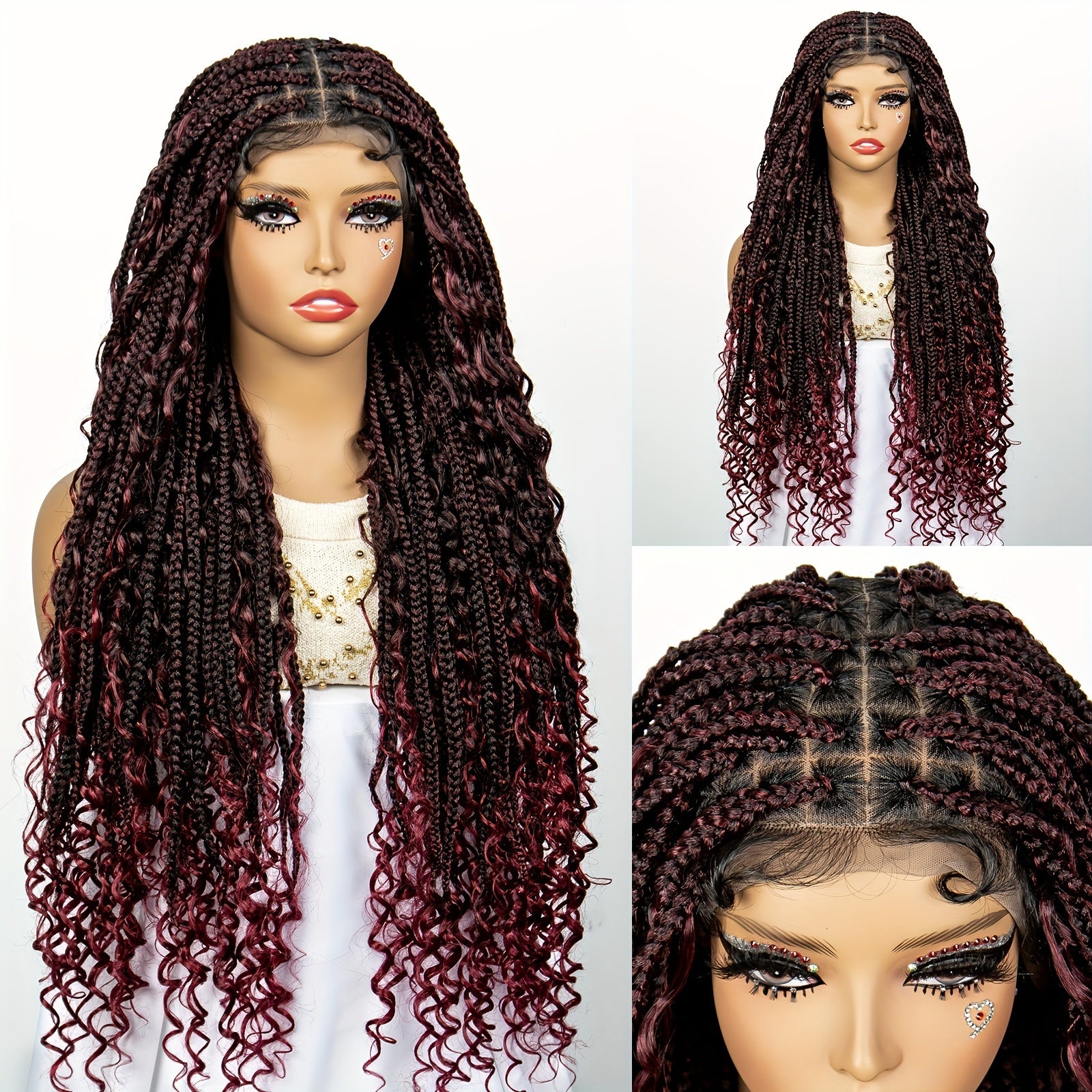 Full Lace Women's Bohemian Knotless Braided Full Lace Wig, Long Goddess Braided Wig, Curly Synthetic Braids With Baby Hair, Synthetic Bohemian Braided Wig